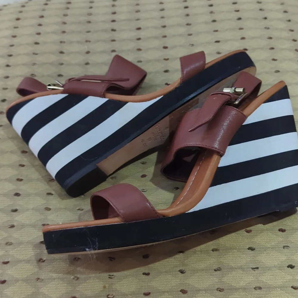 kate spade Brown Leather Striped Wedge Sandals
